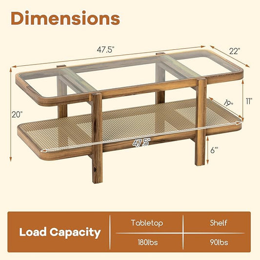 Tangkula Rattan Coffee Table, 47.5”L Boho Cocktail Tables, 2-Tier Center Table with Tempered Glass Tabletop, PE Rattan Shelf & Acacia Wood Frame, Mid Century Modern Tea Table for Living Room (Natural)