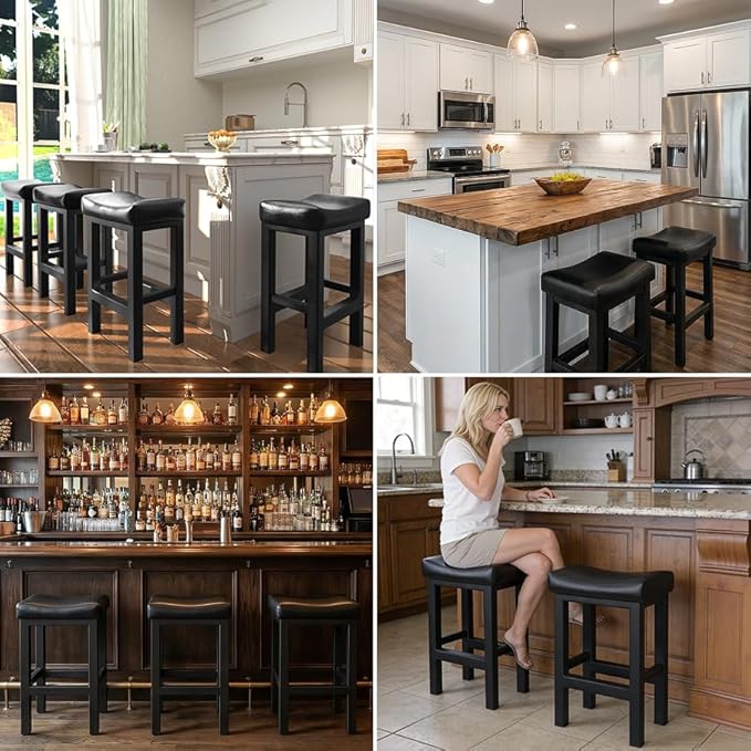 Bar Stools Set of 2, 24 Inch Counter Height Bar Stools for Kitchen Island, Faux Leather Upholstered Thick Saddle Seats & Heavy Duty Metal Base, Easy Assembly, Black