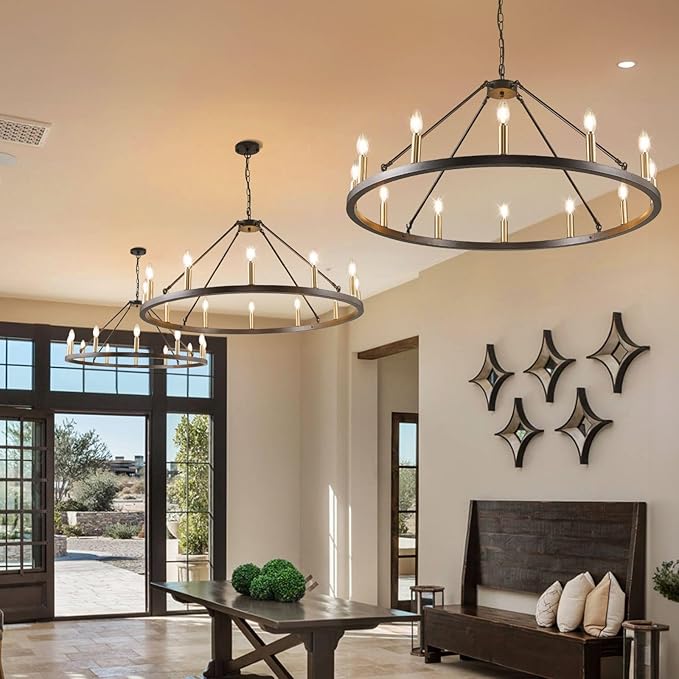 12-Light Black and Gold Chandelier, Farmhouse Entryway Wagon Wheel Chandelier, Round Chandeliers for Dining Room, Rustic Kitchen Island Iight Fixtures, Foyer Chandeliers for High Ceilings