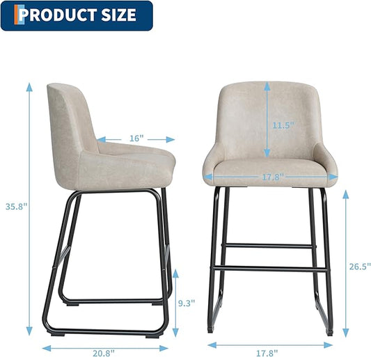 IDEALHOUSE Counter Height Bar Stools Set of 4, PU Leather Barstools with Back and Footrest, Modern Industrial Metal Frame Armless Bar Chairs for Kitchen Island, Counter, Grey
