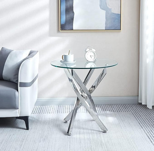 Round Side Table with X-Shaped Mirrored Stainless Steel Base, Tempered Glass End Tables Small End Table, Living Room Sofa Couch Side Table, Modern Bedsde Tables Bedroom Night Stand, Silver Nightstand