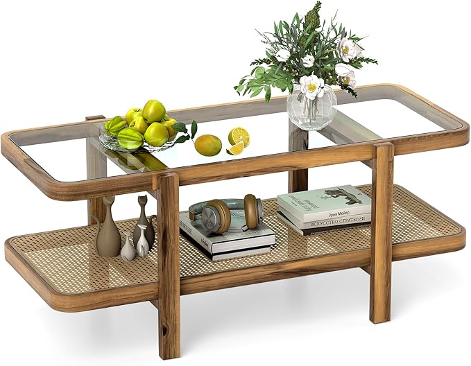 Tangkula Rattan Coffee Table, 47.5”L Boho Cocktail Tables, 2-Tier Center Table with Tempered Glass Tabletop, PE Rattan Shelf & Acacia Wood Frame, Mid Century Modern Tea Table for Living Room (Natural)