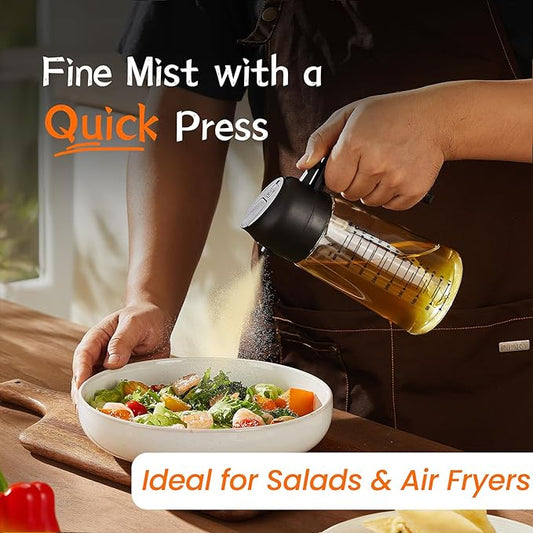 TrendPlain 16oz/470ml Glass Olive Oil Sprayer for Cooking – 2 in 1 Olive Oil Dispenser Bottle for Kitchen Gadgets and Air Fryer Accessories, Salad, BBQ - Black & Ash