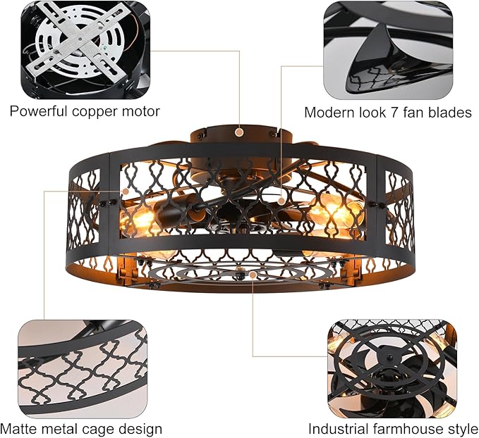 Garwarm 20in Caged Ceiling Fan with Light,Bladeless Black Fandelier Ceiling Fan with Remote,Industrial Farmhouse Flush Mount Ceiling Fans Light Fixtures for Kitchen,Bedroom,Living room(6 Speed,Timing)