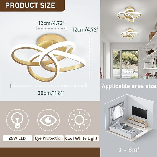 Led Ceiling Light, Gold 30cm Modern Ceiling Lights LED, Simple Curved Ceiling lamp, Ceiling Lighting Fixture for Hallway Bedroom LivingRoom Entryway Balcony Stair - 26W Cool White Light 6000K