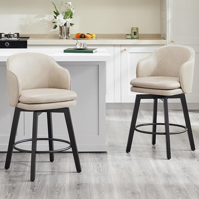 KISLOT Counter Height Barstools 26 inch Upholstered Swivel Bar Stools with Back for Kitchen Island,Set of 2,Beige PU Leather