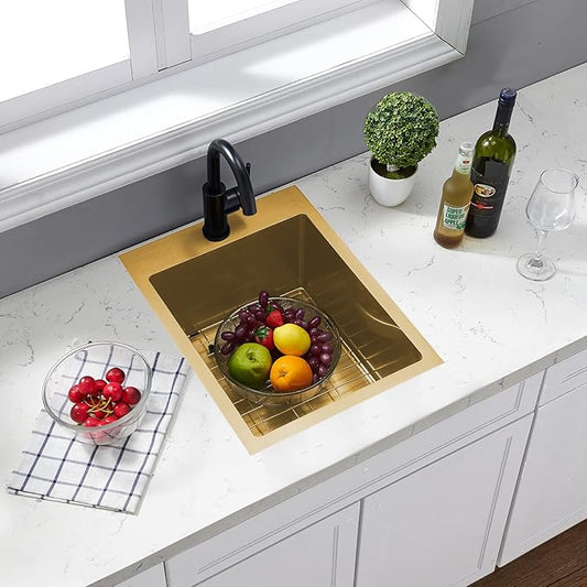 SHACO Gold 15 x 20 Inch Drop In Bar Sink, 16 Gauge Stainless Steel Topmount Small Kitchen Single Basin Sink for Wet Prep RV Laundry with Dish Grid & Drain, 15x20 Top Mount