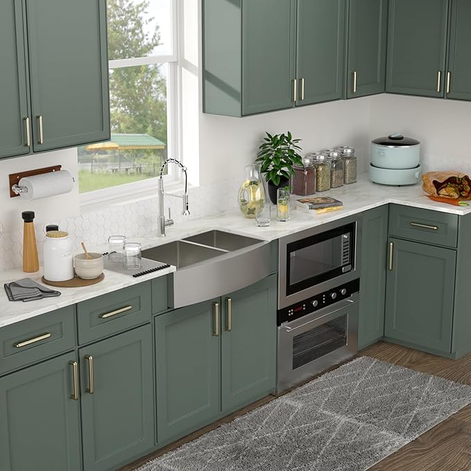 Logmey 33 Inch Farmhouse Sink 60/40 Double Bowl Kitchen Sink Apon Front Sink 16 Gauge 304 Stainless Steel Farm Sinks 33x20x9