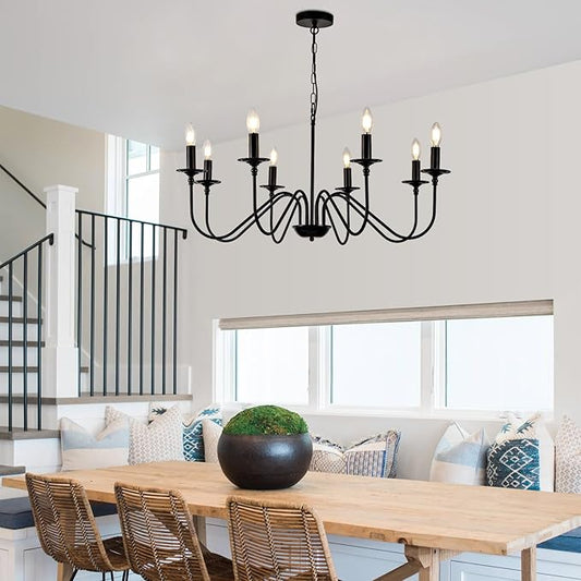 Black Farmhouse Chandeliers, 8 Light S-Arm Modern Candle Hanging Pendant Light, Industrial Rustic Metal Ceiling Kitchen Island Light for Living Room, Entryway, Foyer, Bedroom, Dining Room