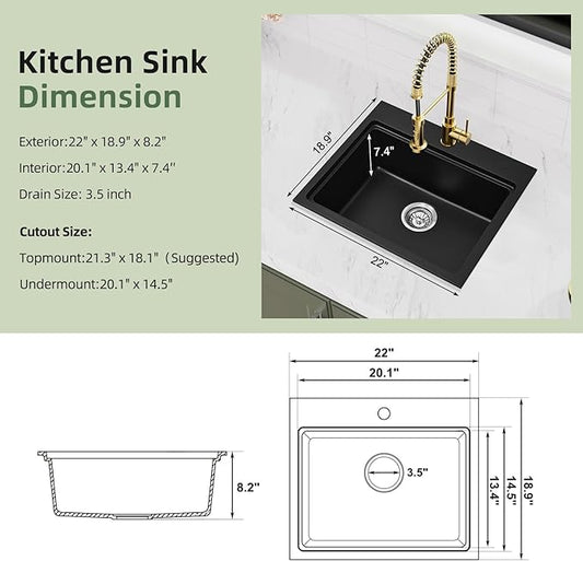 Davivy 22 Inch Granite Kitchen Sink Workstation, 22 x 19 Black Drop In/Undermount Kitchen Sink, Deep Quartz Composite Single Bowl Basin with Accessories
