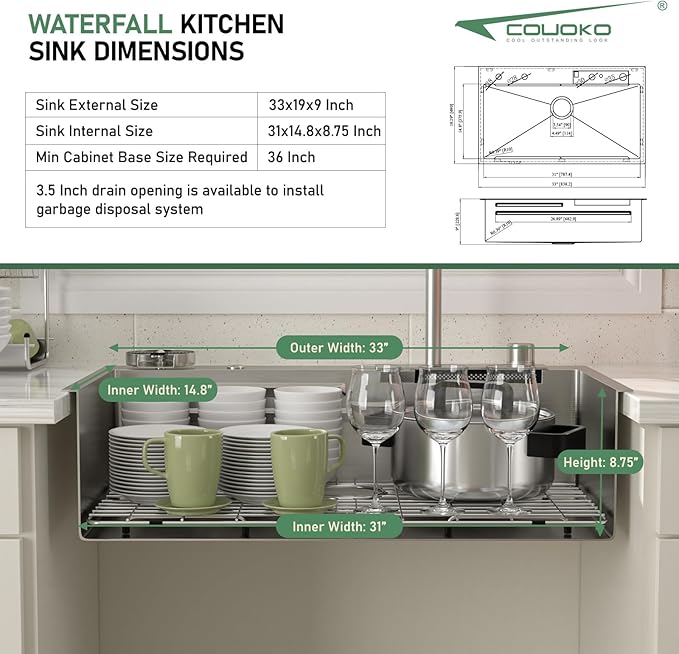 33 Inch Drop In Waterfall Kitchen Sink Workstation Smart 16 Gauge Stainless Steel Single Bowl Waterfall Sinks with Faucet Combo and Cup Washer Set