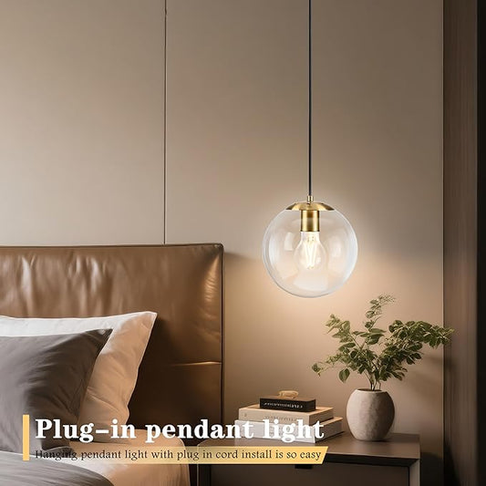 KoKo&Yukina 8" Globe Pendant Light Gold Plug in Pendant Light Adjustable Hanging Lights with Plug in Cord Brushed Gold Finished with Clear Glass Lampshade for Bedroom Kitchen Island(Bulb Included)
