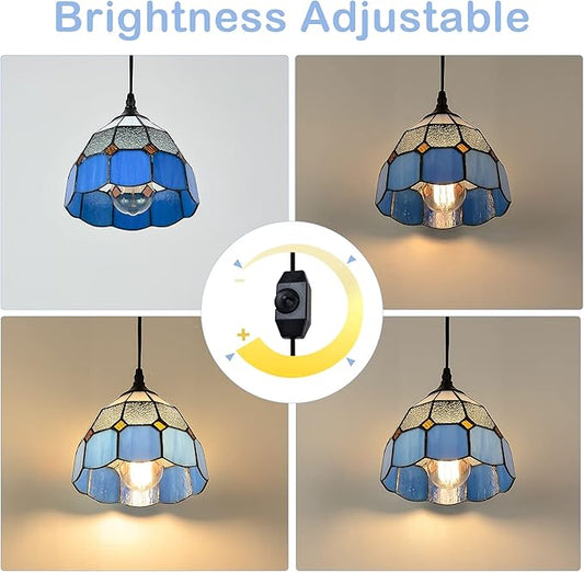 Tiffany Style Plug in Pendant Light Mini Chandelier with 16.4 Ft Hanging Cord and in Line On/Off Dimmer Switch, Vintage Swag Ceiling Lamp for Dining Room, Bedroom or Porch (7.9" in Width)