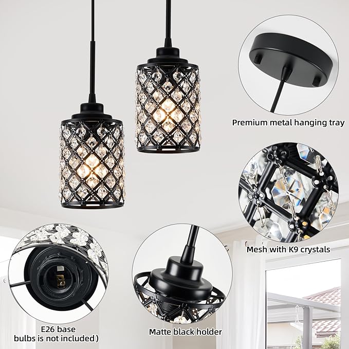 Small Pendant Light Fixtures,3-Pack Modern Pendant Lights Kitchen Island,Black Matte Finish Hanging Lighting K9 Crystal Mini Chandelier for Dining Room,Hallway,Bedroom,Foyer(3 Pack