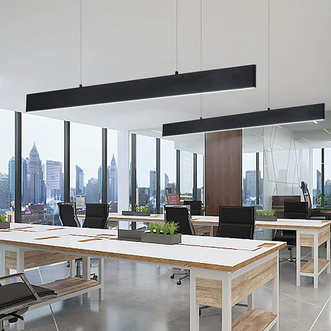 Modern Linear Led Pendant Light - 1 Ring Integrated Led Hanging Light Fixture for Office, Kitchen Island, Bar, Dining Room - 30W 6000K Not-dimmable - 41.34" L x 47" H (Black)