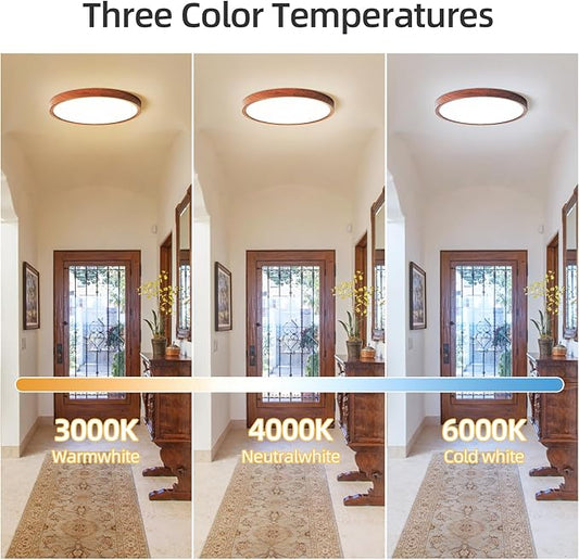 HEYAN Walnut Wood Flush Mount Ceiling Light Fixture,12 Inch Dimmable LED Ceiling Light with 3000K-4000K-6000K Selectable Flat Low Profile Round Ceiling Lights for Bedroom Hallway Laundry (1 Pack)