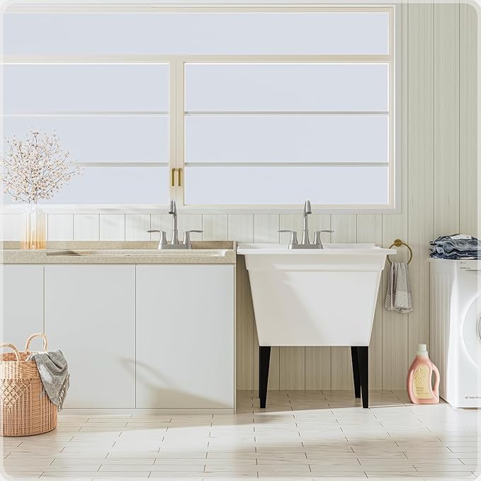 Phiestina Brushed Nickel Utility Sink Faucet 3 Hole, Laundry Sink Faucet with Pull Out Sprayer, Long Spout Dual Handle Modern Bathroom Faucet, 4 Inch CenterSet Room Sink Faucets, LF36CL-2M-BN