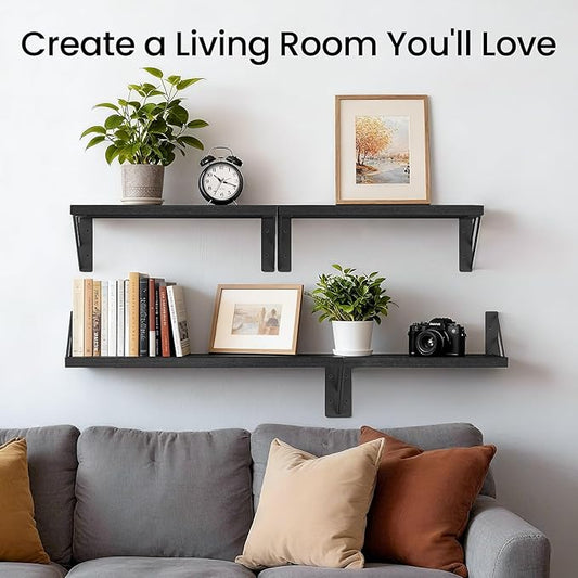 BAYKA Wall Mounted Floating Shelves, Wood Floating Wall Shelf for Books & Decor, Small Space-Saving Display & Organizer(Black,Set of 4)