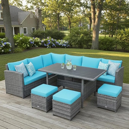 Tangkula 7 Pieces Patio Furniture Set, Outdoor Sectional Rattan Dining Sofa Set with Cushions, All Weather Wicker Conversation Couch Set with Dining Table & Ottomans for Yard Garden Poolside
