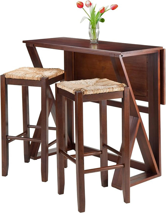 Winsome 3-Piece Harrington Drop Leaf High Table with 2 Rush Seat Stools, 29-Inch, Brown