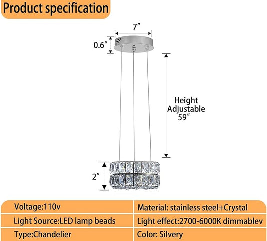 Modern Crystal Ring Chandelier for Dining Room Chrome Crystal Chandelier for Living Room Dimmable LED 11.8" Ring Pendant Light Adjustable Dimmable 2700k-6000k