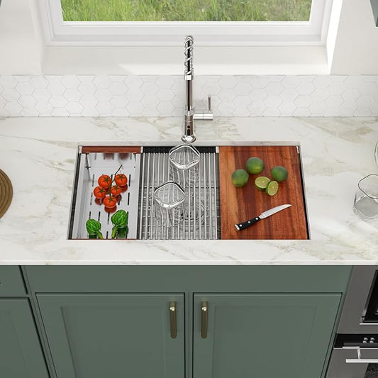 Logmey 33" Undermount Kitchen Sink Workstation 33x19 SUS304 16 Gauge Stainless Steel Under Counter Single Bowl Kitchen Sinks 33x19x9 Inch