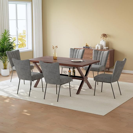 HIPIHOM 63 Inch Modern Dining Room Table Set for 6, MDF Kitchen Table with Upholstered Chairs, Scratch-Resistant Surface, Strong Metal Legs, Great for Apartments and Breakfast Nooks