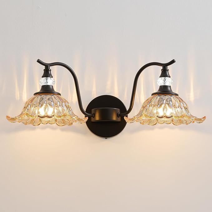 Vintage Bathroom Vanity Light Fixtures - 2 Light Antique Matte Black Bathroom Lights Fixture Over Mirror with Amber Flower Glass,Retro High End Wall-Mounted Vanity Lighting for Bath Powder Room