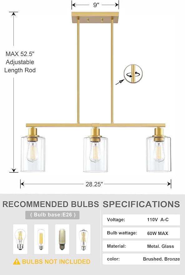 Doraimi Lighting 3 Light Modern Indoor Hanging Kitchen Island Light Gold Finish Clear Glass Chandelier Shade for Bar Dining Room Kitchen Island Over Sink