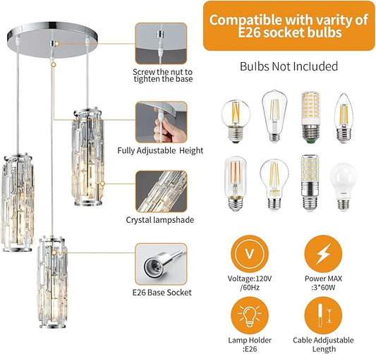 LMQNINE 3 Light Chrome Pendant Lighting Modern Pendant Light, Mini Crystal Chandeliers,Adjustable Pendant Light Fixture for Kitchen Island Dinning Room Bedroom (Chrome 3-Light)