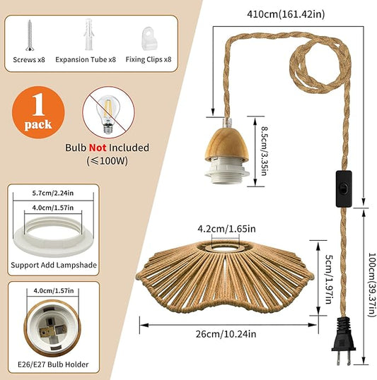Countryside Rustic Hemp Rope Pendant Light Cord Kit, 16.7FT Farmhouse Hanging Lights with Plug in Cord, Boho Pendant Light Fixture with 26x5 cm Hemp Rope Woven Shade, E26 E27 Bulb Socket, for Island