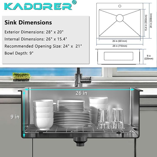 28 x 20 Inch Drop In Kitchen Bar Sink, Small Kitchen Sink Single Bowl Topmount Bar Prep Sink 18 Gauge Stainless Steel Bar Sink with Grid and Basket Strainer
