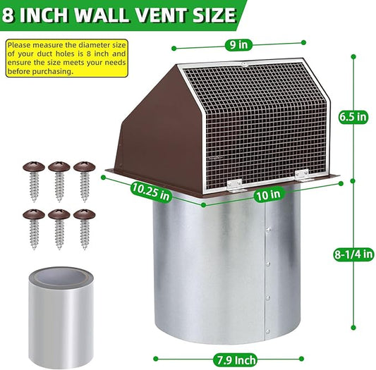 8 Inch Hooded Wall Vent with Screen and Damper,Outdoor Wall Exhaust Vent Cover Wall Cap for Exterior Kitchen Range Hood Ventilation Dryer HVAC Duct Air Exhaust, Galvanized Steel, Brown