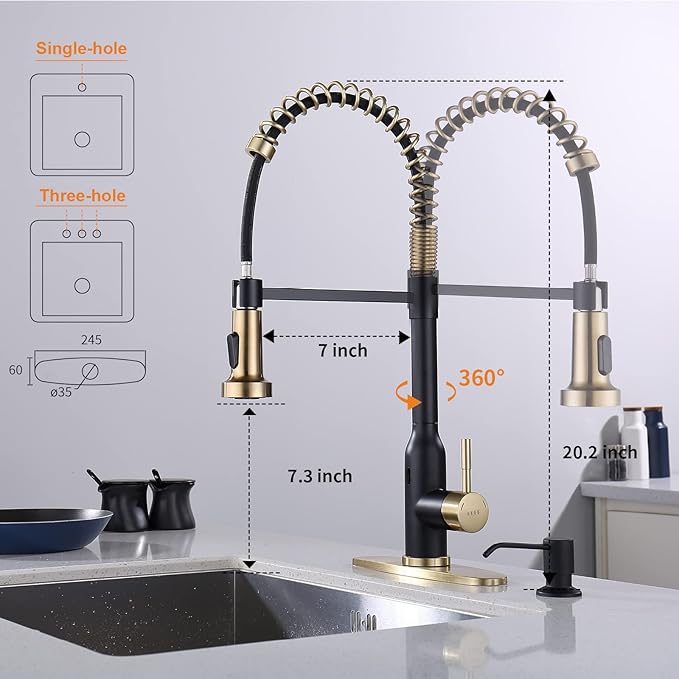 Touchless Kitchen Faucet , KEER Smart Motion Sensor Hands Free Single Handle Spring Kitchen Sink Faucet with Pull Down Sprayer,Matte Black Gold