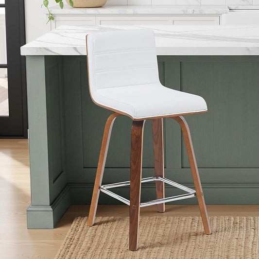 Vienna Modern Counter Height Swivel Bar Stool with Snow White Faux Leather Seat and Walnut Finished Wood Frame Set of 4