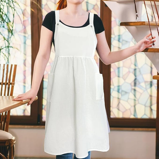 Cityelf Vintage Pinafore Apron Dress Snap Adjust Linen Cotton with Pockets Floral Aprons for Cooking Gardening