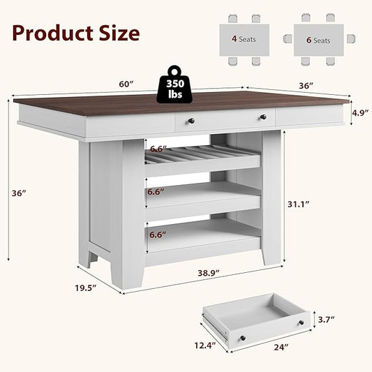 GAOMON 60" Counter Height Dining Table for 4, Farmhouse Rectangular Tall Bar Height Kitchen Dining Table & Thick Table Top, with Deepened Wine Rack & Shelves for Kitchen, Bar,Retro White & Brown