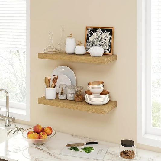 Acovy 24 Inch Floating Shelves, 9.3" Deep Floating Shelf Wall Mounted, 24" Wall Shelves, Rustic Deep Bookshelf, Large Display Shelves & Storage Shelves for Bedroom, Living Room, Oak, Set of 2