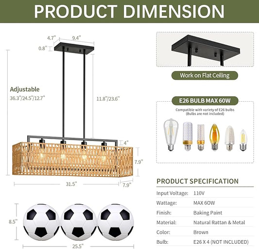 Rattan Chandeliers for Dining Room, 4-Light Linear Chandelier 32 Inch Boho Chandelier Black Rectangular Chandeliers Over Table, Wicker Kitchen Island Lighting Farmhouse Pendant Light