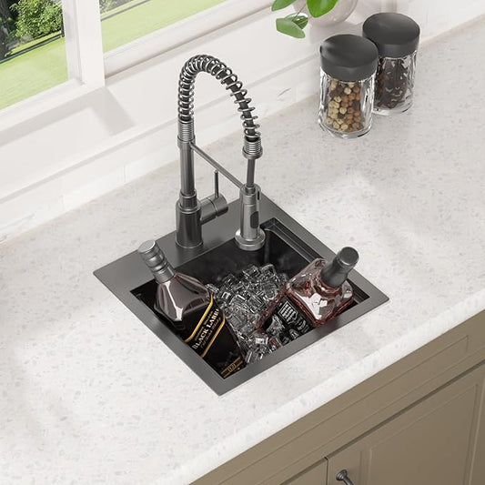 Lordear Bar Sink 15 Inch Black Drop In Kitchen Sinks Stainless Steel Bar Sink 16 Gauge Single Bowl Topmount Small Prep RV Sinks Square Basin