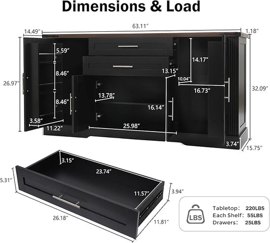 Buffet Cabinet with Storage, 63" Large Sideboard Storage Cabinet with Drawer, 4 Doors and Shelves, Modern Farmhouse Coffee Bar Table Kitchen Island Credenza for Kitchen, Dining, Living Room (Black)