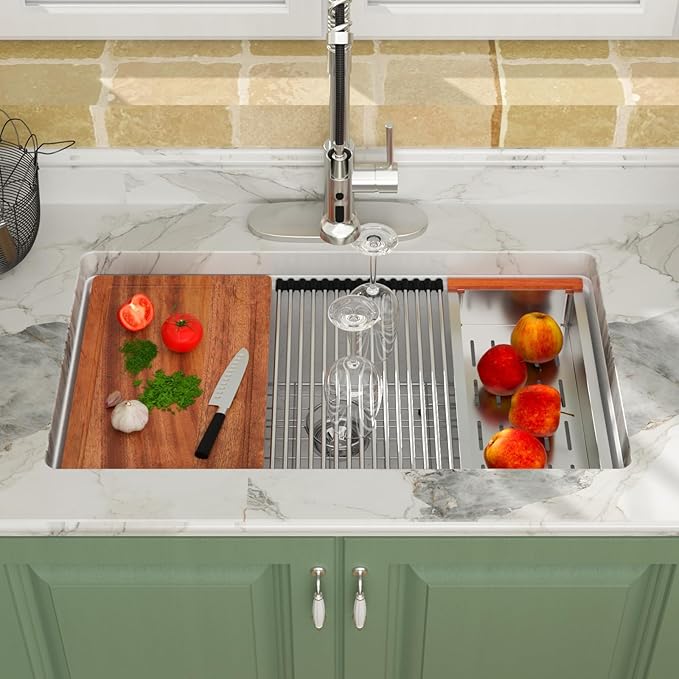 Logmey 33" White Granite Composite Undermount Sink,33x19 All in One Workstation Single Bowl Quartz Sinks,Scratch-resistant,Large Deep Under Counter Sink for Minimalist & Scandinavian Style Kitchen