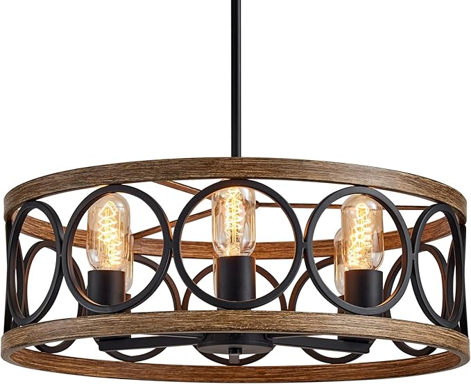 MEIXISUE Modern Farmhouse Drum Chandelier Black and Retro Wood Finish 6-Lights Round Metal Antique Vintage Chandelier Light Fixtures for Kitchen Dining Room Living Room Bedroom