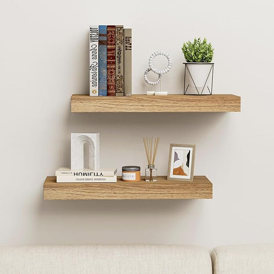 INHABIT UNION Oak Floating Shelves Wood for Wall 15.7in Wall Mounted Display Ledge Shelves Perfect for Bedroom, Bathroom, Living Room and Kitchen Decoration Storage (Set of 2)