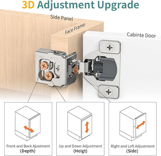 60 Pack 1 1/4" Overlay 3D Soft Close Hinges for Face Frame Kitchen Cabinet, 3 Way Adjust, Self Closing Concealed Cabinet Hinges-105 Degree