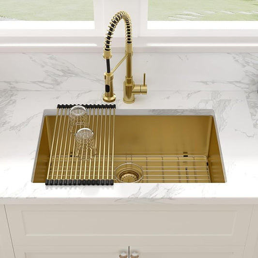 Sarlai Gold Undermount Kitchen Sink - 28 Inch Kitchen Sink Undermount Gold Stainless Steel Single Bowl 28" x 19" Under-Mount 16 Gauge Sinks Under Counter Round Corner Basin