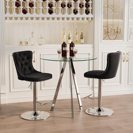 yeag 31.5'' Modern Round Glass Bar Table Set for 2, Luxury Silver Bistro Pub Table & 2 Adjustable Metal Bar Stools Velvet Swivel Counter Height Stools (Silver Metal Legs, Clear Top + Black Chair)