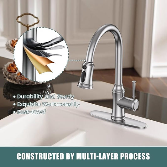 Kitchen Faucet with Pull Down Sprayer, Single Handle High Arc Utility Sink Faucet with Deck Suitable for bar for Kitchen Sink, Laundry Sink, Wet Bar or RV, Brushed Nickel