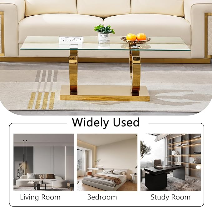 HomVent 51.18" Glass Coffee Table, Living Room Tables, Modern Gold Tempered Glass Top Side Center Tables Bedroom, Rectangle Bedside Eating Table for Home Office with Stainless Steel Base