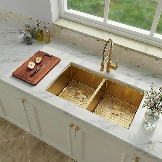 Gold Undermount Double Kitchen Sink, 16 Gauge SUS304 Stainless Steel Kitchen Sinks,50/50 Features All In One Workstation Sinks with Accessories, 30"x 18" x 10" Large and Deep Gold Double Sink